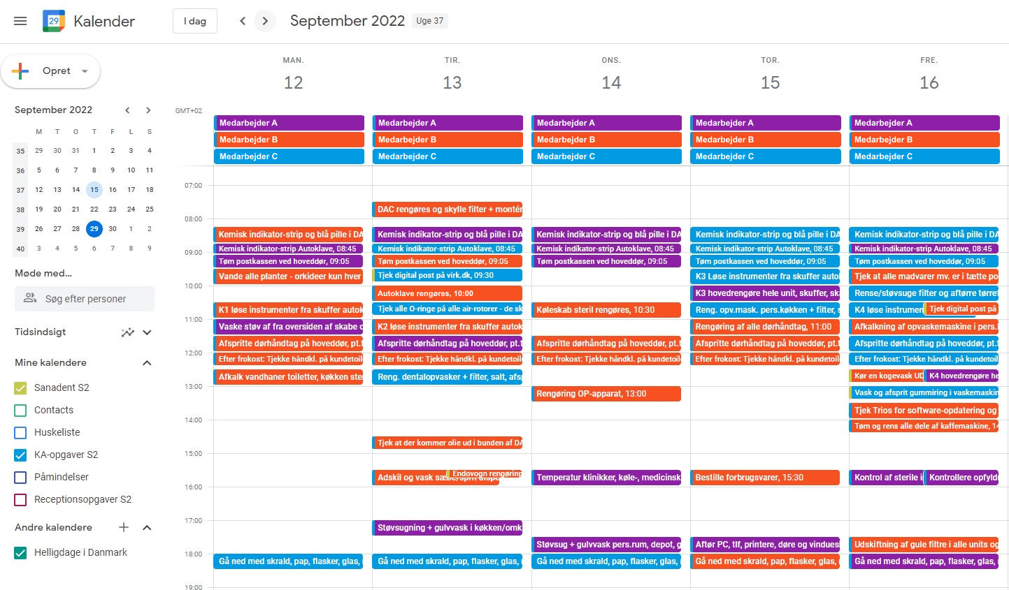 Minerva-opgavekalender med tilbagevendende opgaver og ansvar i klinikken
